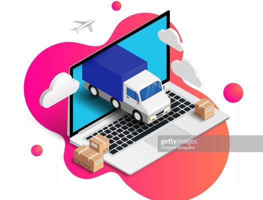 Express Delivery online isometric design with laptop, truck, plane, boxes on fluid gradient background. 3d logistic online shopping advert concept. For web, banner, ui, mobile app. Vector illustration
